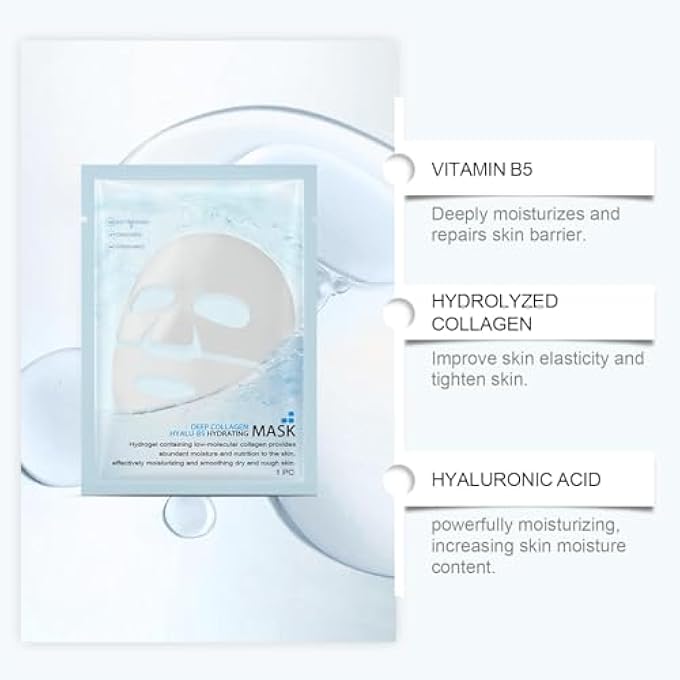 SWIUKPHE FACE MASK, COLLAGEN FACE MASK, SKIN CARE HYDRATING ANTI AGING FACIAL MASK HYALURONIC ACID SHEET PACK FOR WOMEN SKINCARE BEAUTY SMOOTHING REJUVENATING (4PCS, BOX) - Image 2